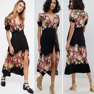 Free People Jaimie Floral Midi Dress size XS fit & flare deep v-neck